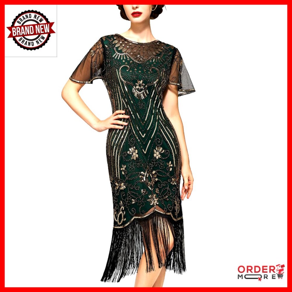 Flapper Dress 1920s Gatsby Costume With Fringe Sequin Beading Mesh Fabric
